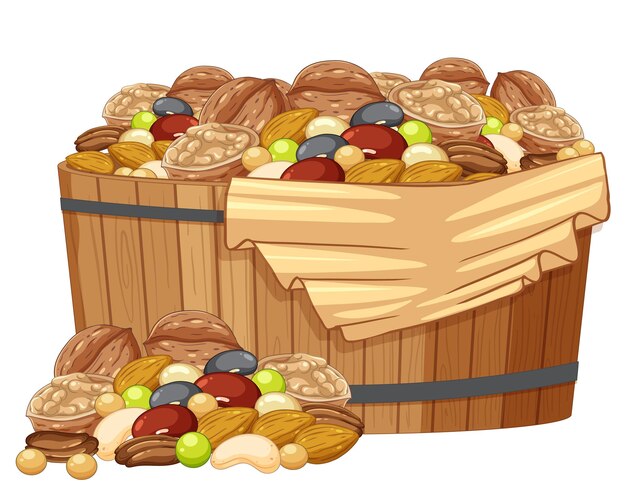 Productos orgánicos aislados guisantes y nueces en un barril