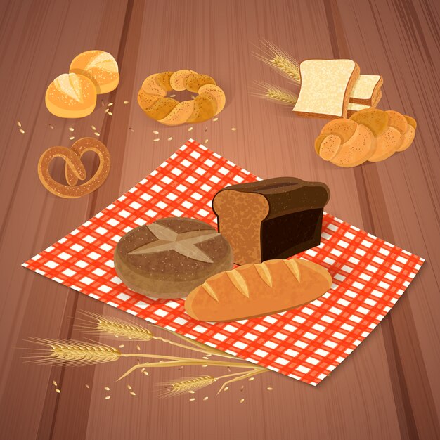 Productos de pan con comida y comida fresca ilustración