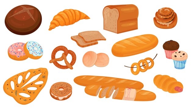 Productos de panadería conjunto plano de íconos aislados con panes, galletas, pasteles, rosquillas dulces y croissants, ilustración vectorial