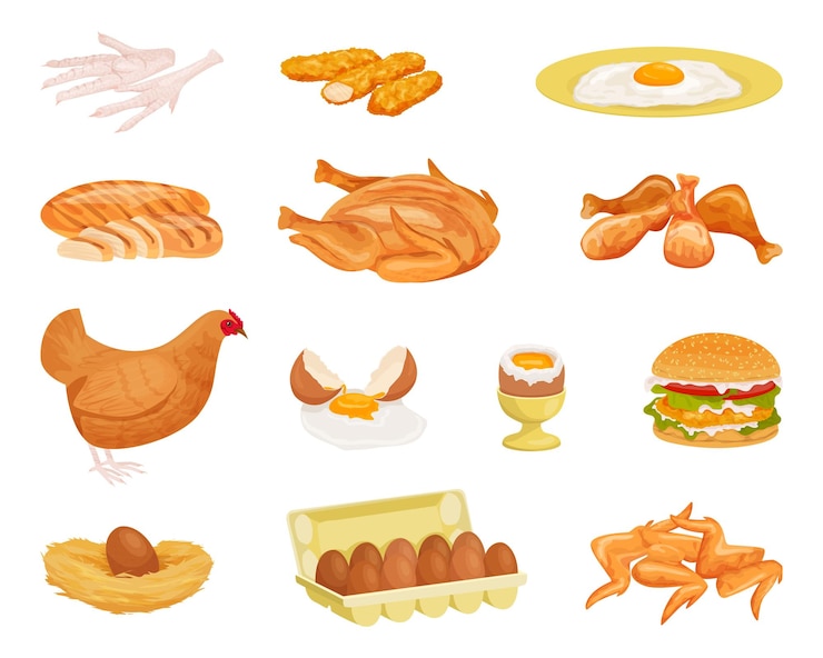 Vector gratuito productos de pollo conjunto plano de iconos aislados con gallina y huevos con productos listos para comer ilustración vectorial