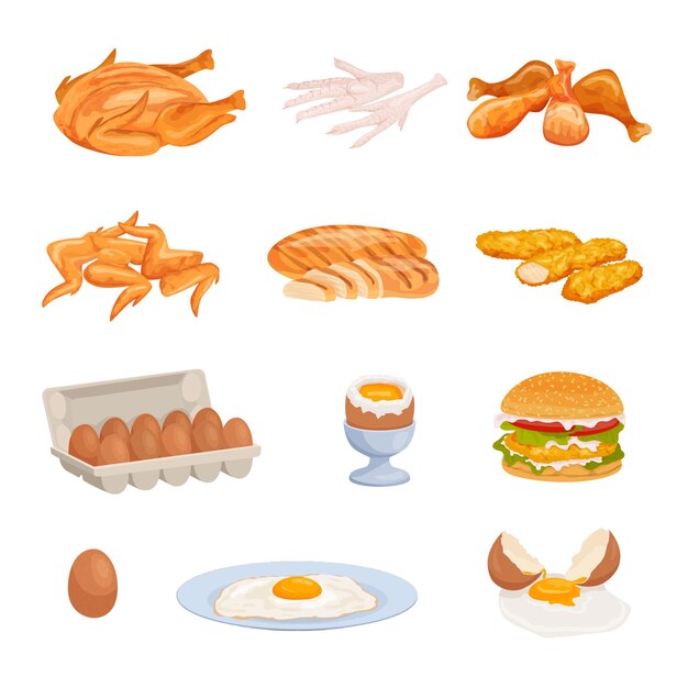 Productos de pollo planos con imágenes aisladas de carne asada, huevos fritos y crudos con ilustraciones de vectores de hamburguesas