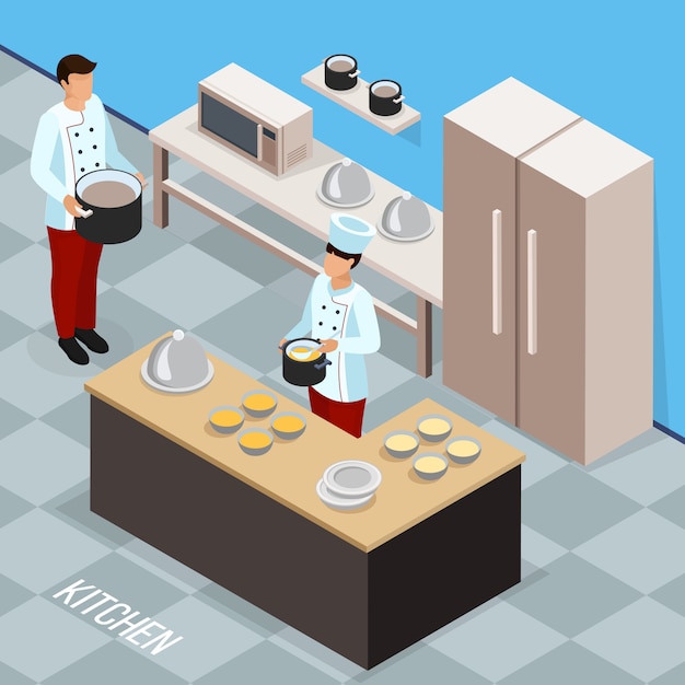 Vector gratuito profesión de chef composición isométrica con personal de cocina durante la preparación de alimentos en la cocina