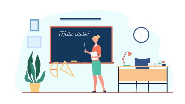 Profesor feliz dando la bienvenida a los estudiantes en el aula, de pie en la pizarra con inscripción Hola clase. Ilustración de vector de regreso a la escuela, concepto de educación