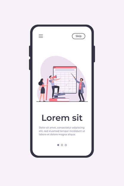 Profesor con puntero explicando la matriz con marcas de verificación. Estudiantes con megáfono y lápiz ilustración vectorial plana. Formación, seminario web, plantilla de aplicación móvil de concepto de lección