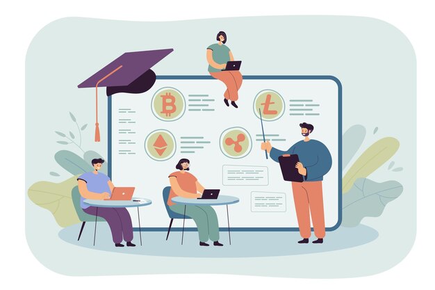 Profesor que imparte educación financiera en la academia. Clase en la escuela de negocios o la universidad, estudiantes que aprenden sobre criptomonedas y comercio ilustración vectorial plana. Finanzas, concepto de educación