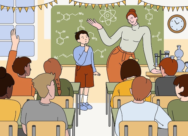 El profesor de química de la escuela plana y el alumno se paran en la pizarra en el aula