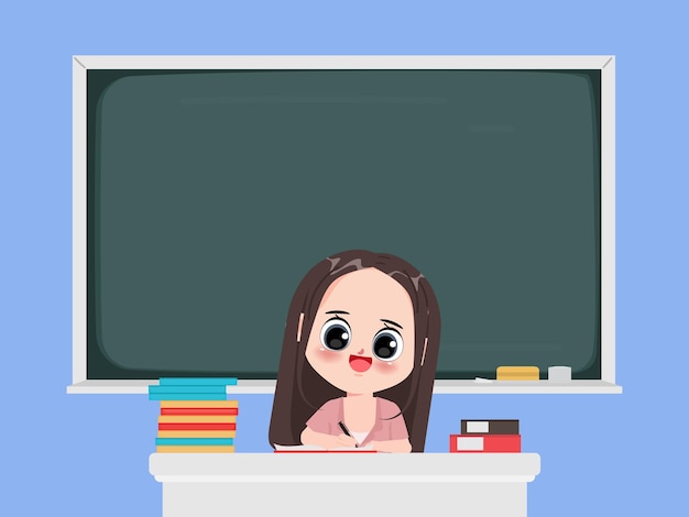 Profesor con la tarea del libro del estudiante en la pose del personaje del aula. Dibujos animados de concepto de regreso a la escuela