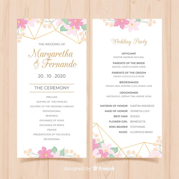 Programa de boda adorable con diseño plano