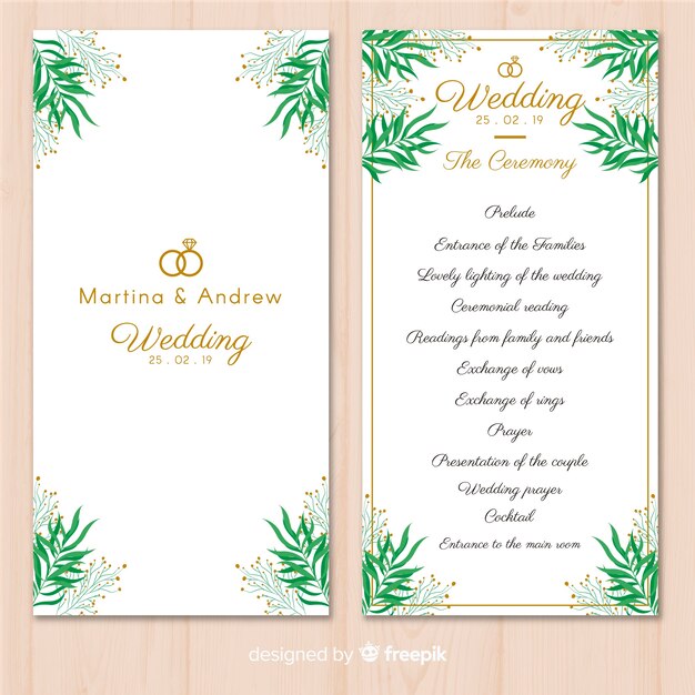 Programa de boda adorable con diseño plano