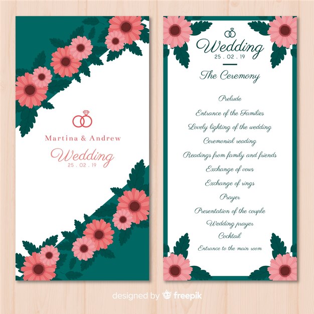 Programa de boda adorable con diseño plano