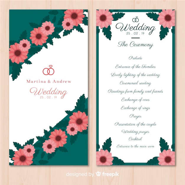 Programa de boda adorable con diseño plano
