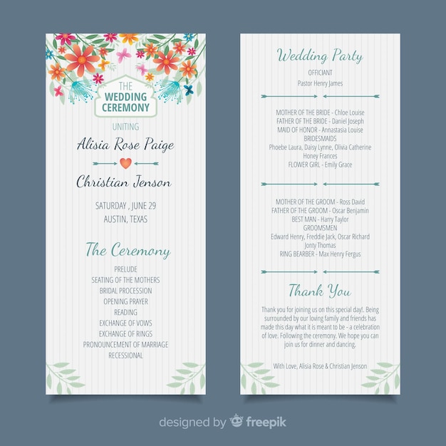 Programa de boda adorable con diseño plano