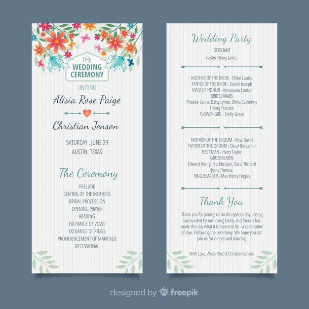 Programa de boda adorable con diseño plano