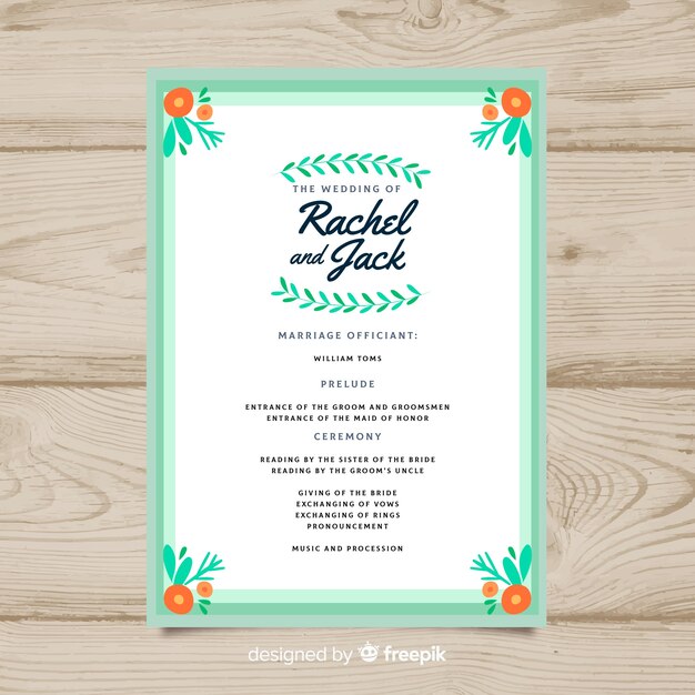 Programa de boda adorable con diseño plano