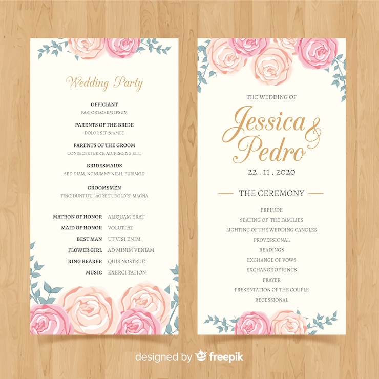 Vector gratuito programa de boda adorable con flores en acuarela