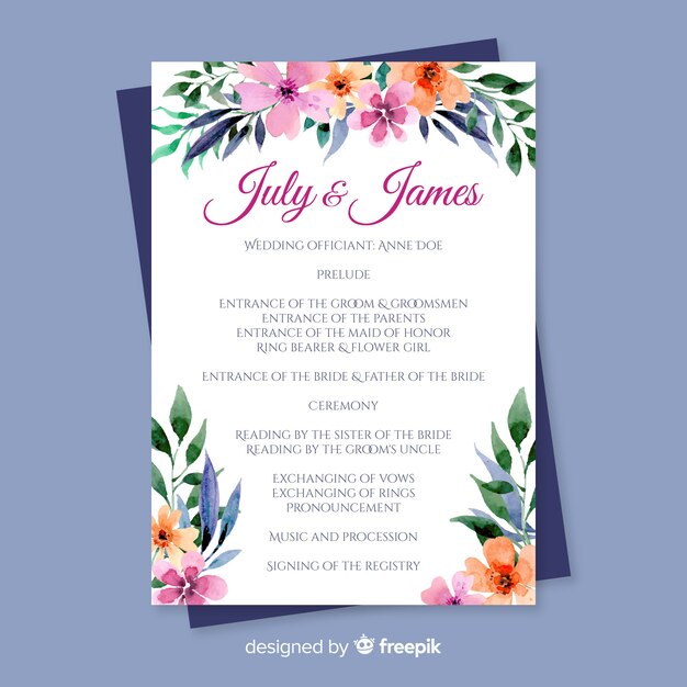 Programa de boda adorable con flores en acuarela