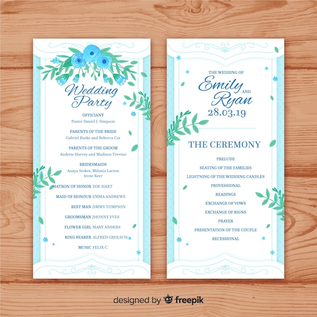 Programa de boda adorable con flores en acuarela