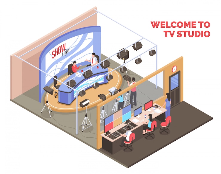 Vector gratuito programa de televisión en vivo con dos presentadores transmitiendo desde el concepto isométrico de estudio sobre fondo blanco.