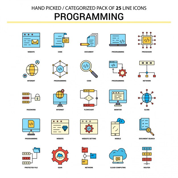 Programación de conjunto de iconos de línea plana