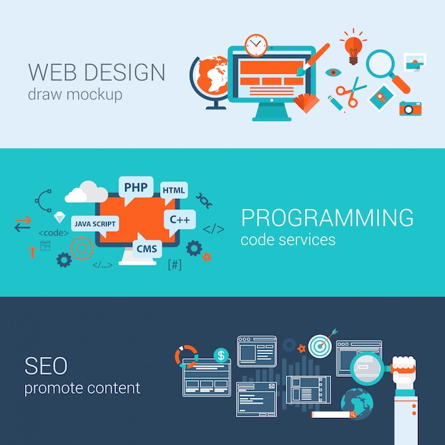 Programación de diseño web Concepto de SEO ilustraciones de diseño plano establecen elementos de infografía.