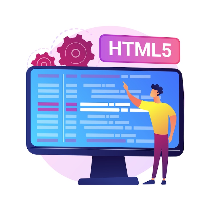 Vector gratuito programación html5. desarrollo de sitios web de internet, ingeniería de aplicaciones web, escritura de guiones. optimización de código html, programador solucionando errores.