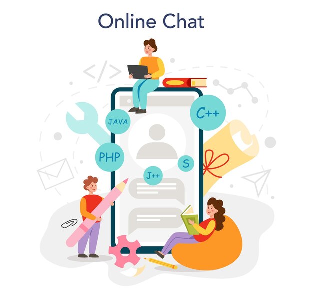 Programación de servicio o plataforma en línea Estudiante de educación de TI escribiendo un software Desarrollo de tecnología digital Chat en línea Ilustración plana vectorial
