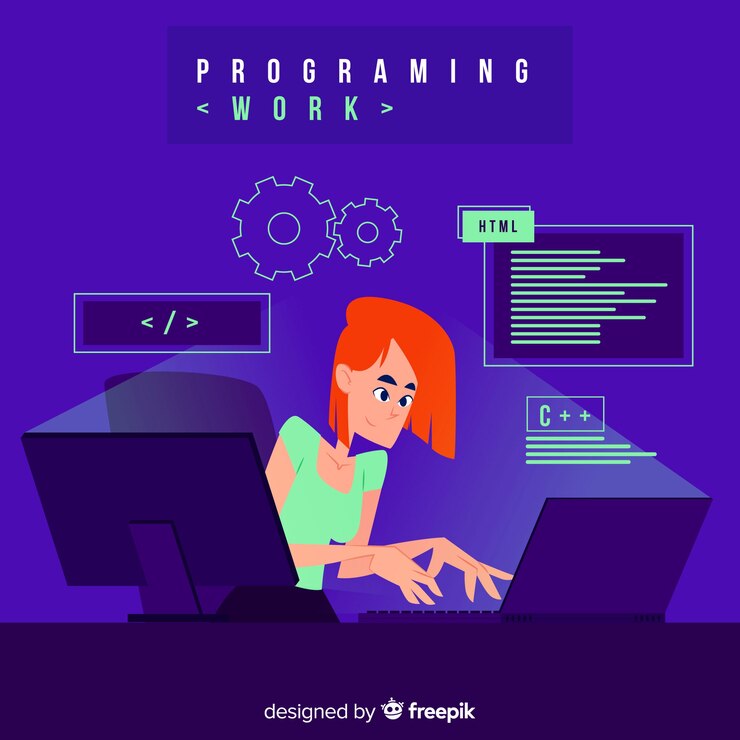 Vector gratuito programador de estilo de dibujos animados trabajando