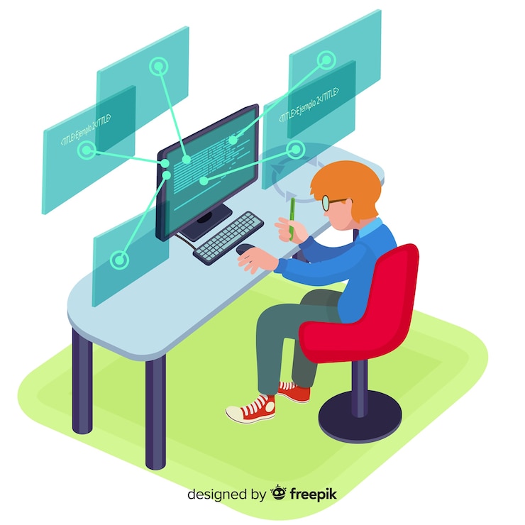 Vector gratuito programador de hombre de diseño plano vector trabajando