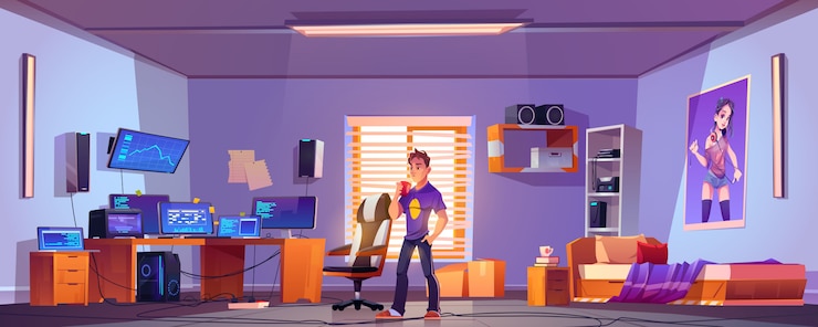 Vector gratuito programador o hacker en el dormitorio con computadora