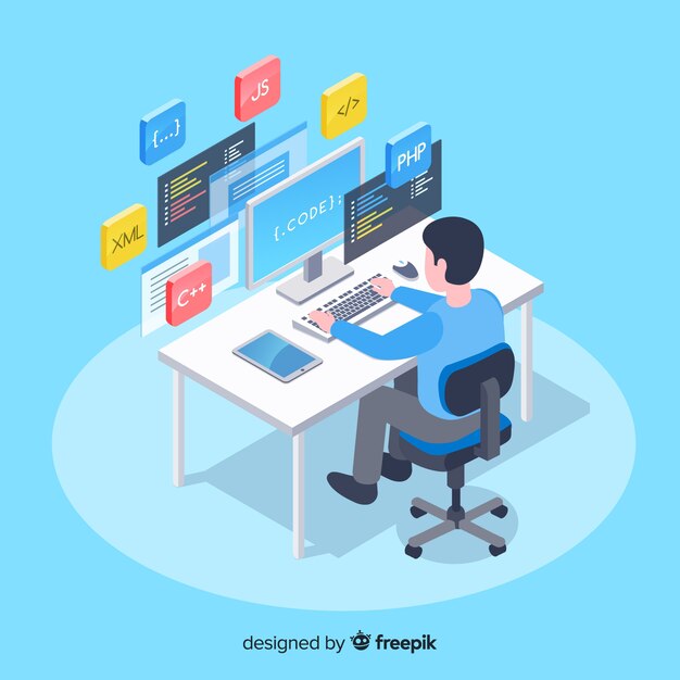 Programador trabajando en estilo isométrico