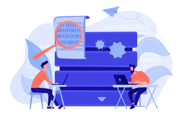 Programadores con laptops trabajando en código y big data. Desarrollo de software, procesamiento y análisis de datos, aplicaciones de datos y concepto de gestión. Vector ilustración aislada.