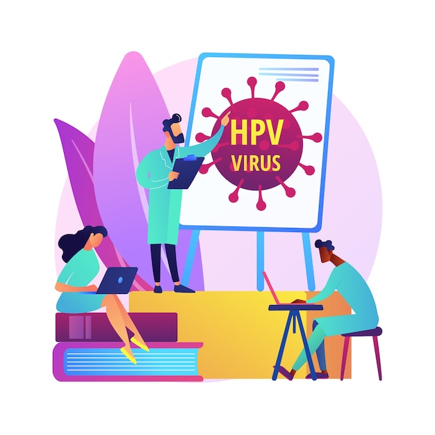 Los programas de educación del VPH resumen el concepto de ilustración. Programas de concienciación sobre el VPH, explicación del virus del papiloma humano, educación sanitaria, consulta en línea, metáfora abstracta de información sobre el virus.
