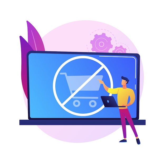 Vector gratuito prohibición de compra, error en el sitio web de la tienda en línea, cancelar la compra. incapacidad de colocación de pedidos, límite de compra, línea presupuestaria. personaje de dibujos animados de comprador en línea.