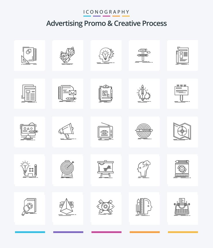 Vector gratuito promoción de publicidad creativa y proceso creativo 25 paquete de iconos de esquema, como desarrollar la cabeza pensante de ubicación de construcción