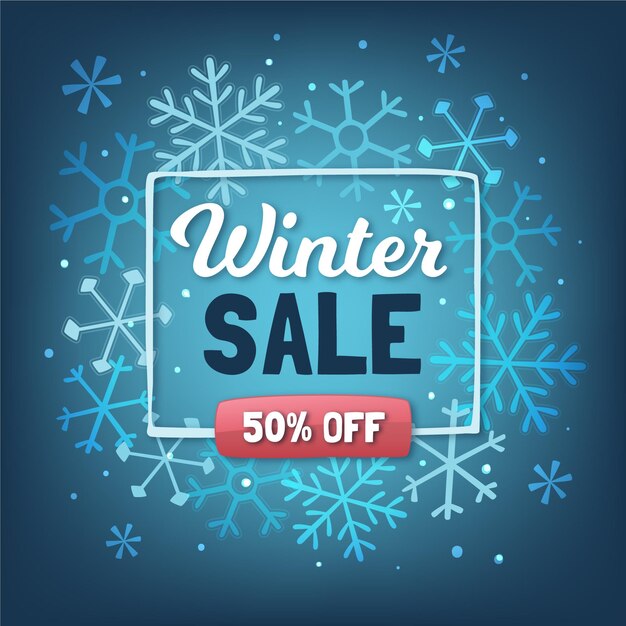 Promoción de rebajas de invierno con copos de nieve dibujados