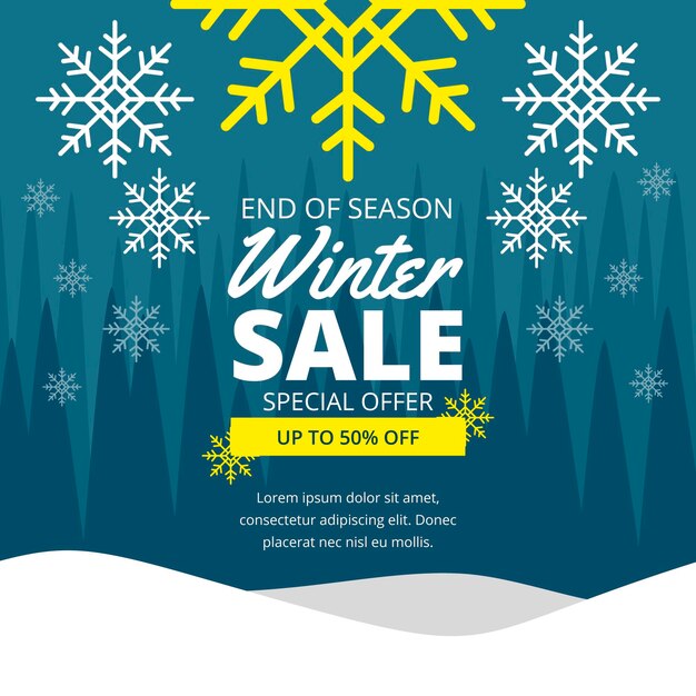 Promoción de rebajas de invierno de diseño plano con oferta.