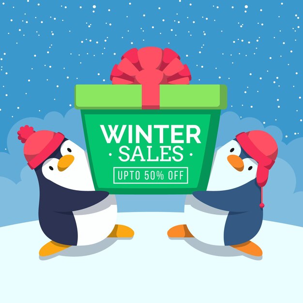 Promoción de rebajas de invierno de diseño plano con pingüinos.