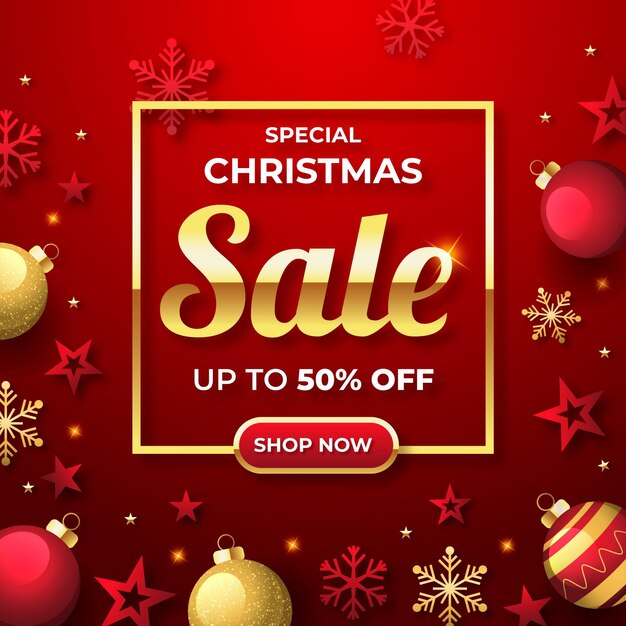Promoción de ventas navideñas de diseño plano con adornos dorados y rojos