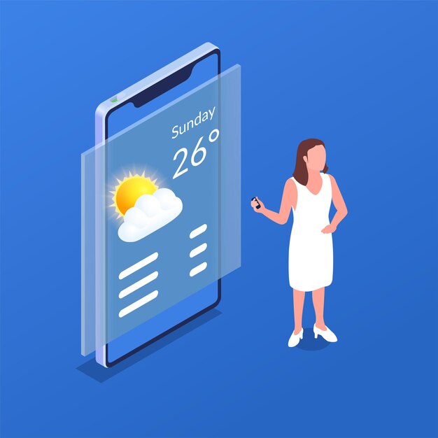 Pronóstico del tiempo en línea en la composición isométrica de la pantalla del teléfono inteligente con el personaje femenino del presentador en la ilustración de vector 3d de fondo azul