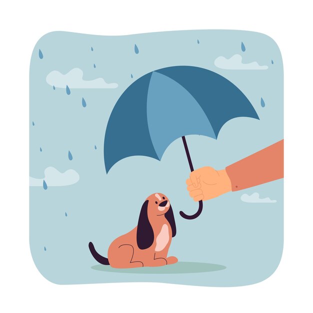 Propietario sosteniendo paraguas bajo la ilustración de vector plano de perro. Persona que protege al cachorro de la lluvia, cuidando la salud de los animales domésticos. Concepto de amistad para banner, diseño de sitio web o página web de inicio