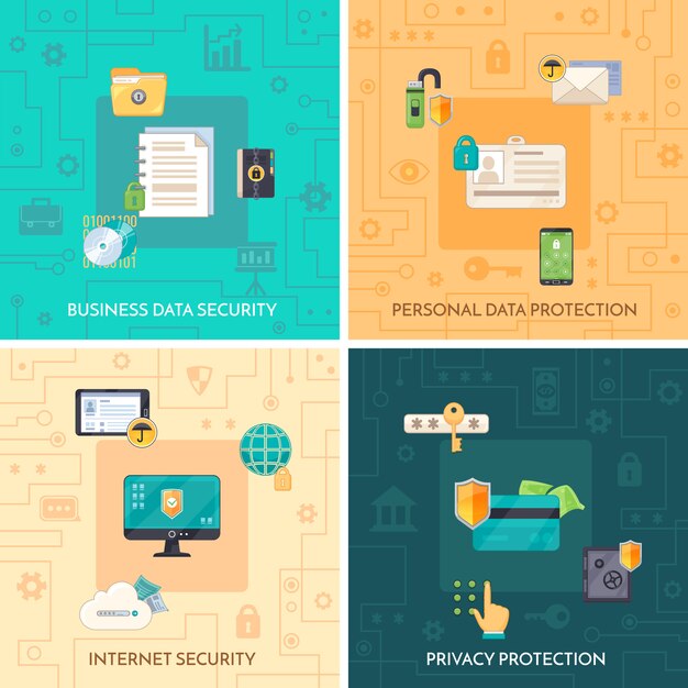 Protección de datos 4 iconos planos cuadrados