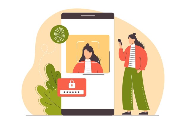 Protección de datos con identificación biométrica. Sistema de seguridad de huellas dactilares en el teléfono inteligente para autenticación y transacciones seguras. La mujer plana escanea su rostro para acceder a los datos. Tecnología de escaneo de identificación.