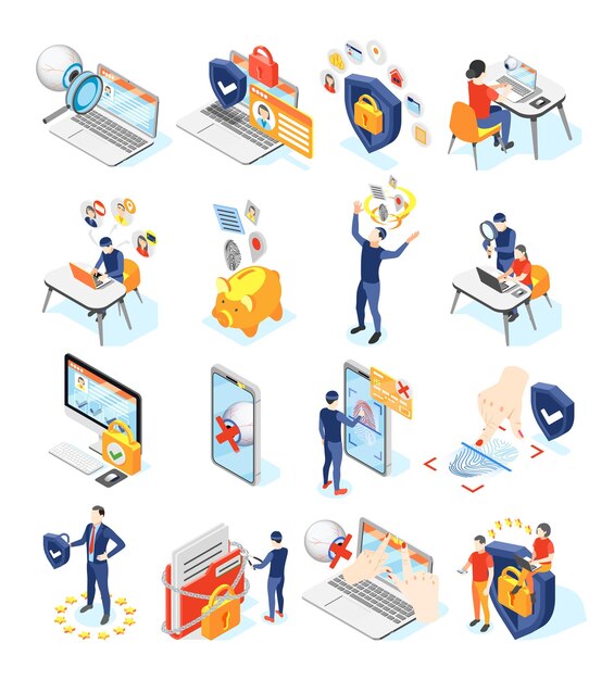 Protección de datos personales gdpr conjunto de colores isométricos de iconos y pictogramas aislados con gadgets y personas ilustración vectorial