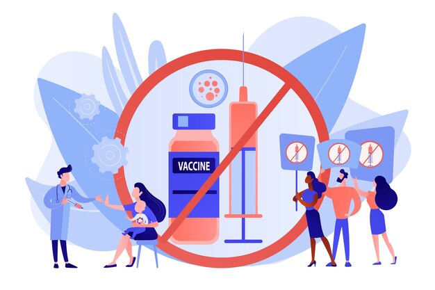 Protesta contra la vacunación, personas que rechazan la medicina preventiva. Rechazo de la vacuna, inmunización obligatoria, concepto de vacilación de vacunas. Ilustración aislada del vector azul coral rosado rosado