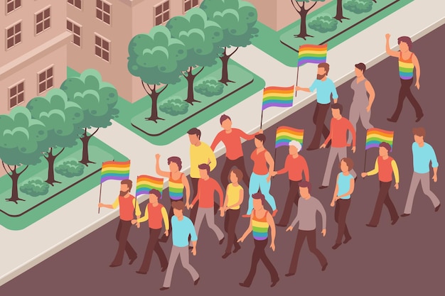 Vector gratuito protesta lgbt con hombres y mujeres sosteniendo banderas bajando la calle isométrica 3d