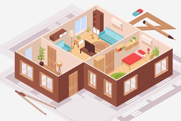 Proyecto de diseño interior isométrico con ilustración de vector de plan de habitación plana