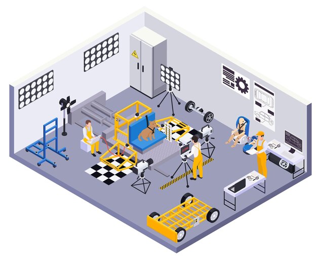 Prueba de choque composición isométrica de seguridad del automóvil con paisaje interior y perro atado con ingenieros haciendo medidas ilustración