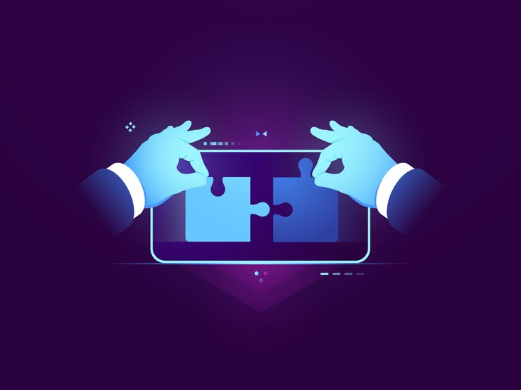 Pruebas de aplicaciones móviles, conexión de dos piezas de rompecabezas, ux ui concepto de desarrollo de diseño