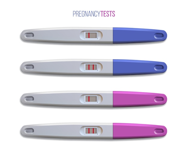 Vector gratuito pruebas de embarazo, herramientas de control de gestación realistas, palos de plástico con una y dos rayas, resultados positivos y negativos