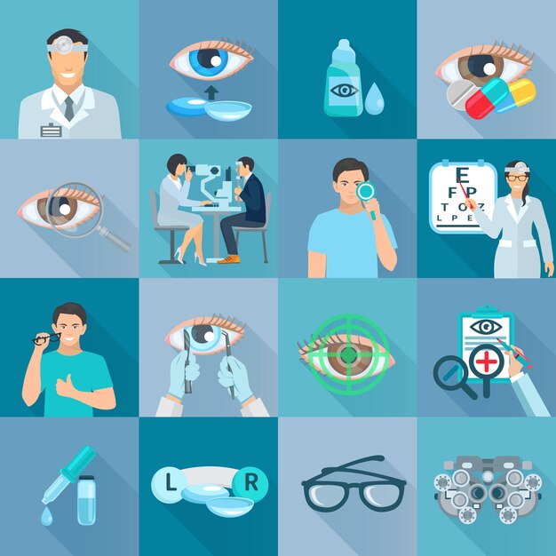 Pruebas de tratamientos clínicos de oftalmólogos y corrección de la visión colección de iconos planos con gafas a